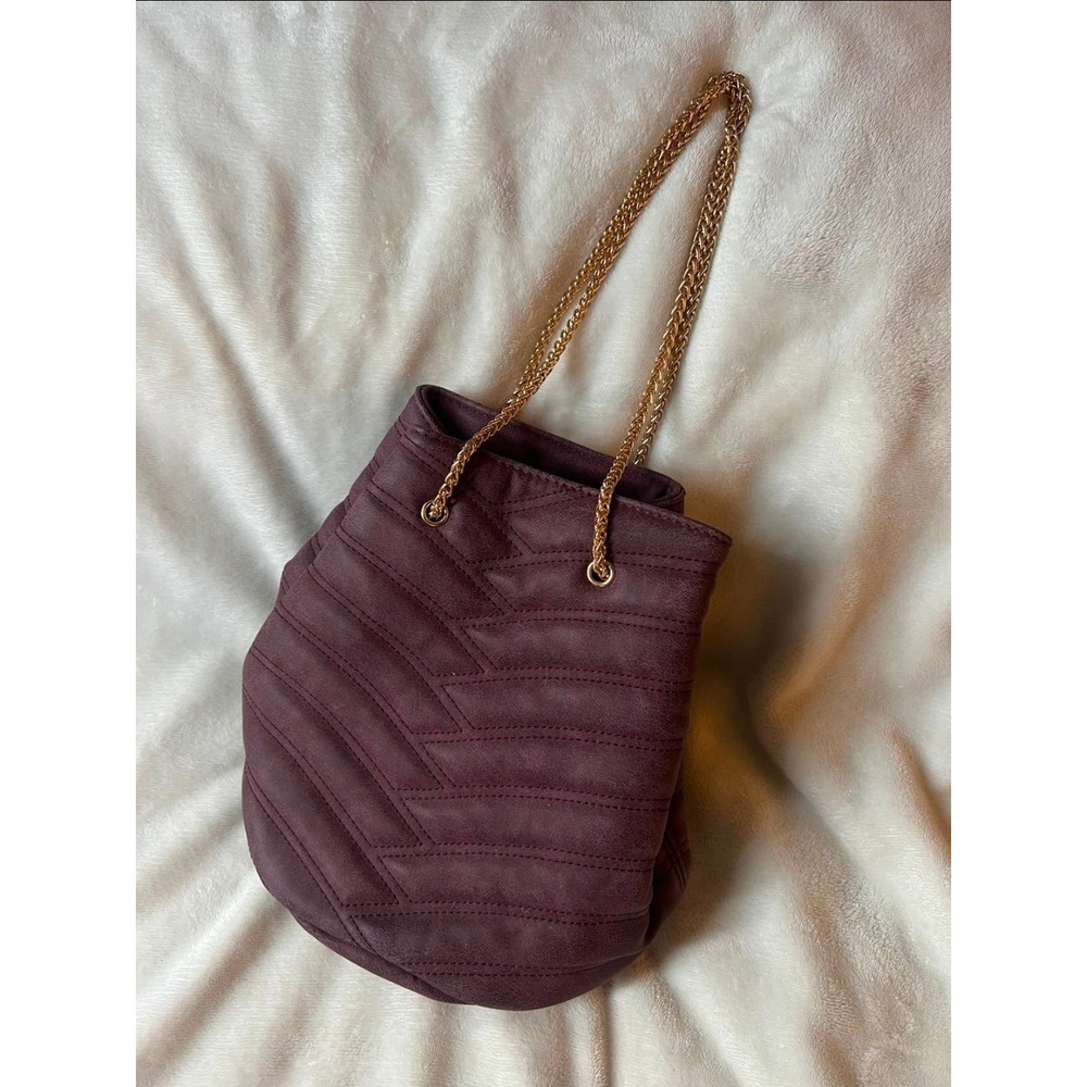 Burgundy Faux Suede Chevron Quilted Bucket Bag Gold Chain Strap Plum Handbag